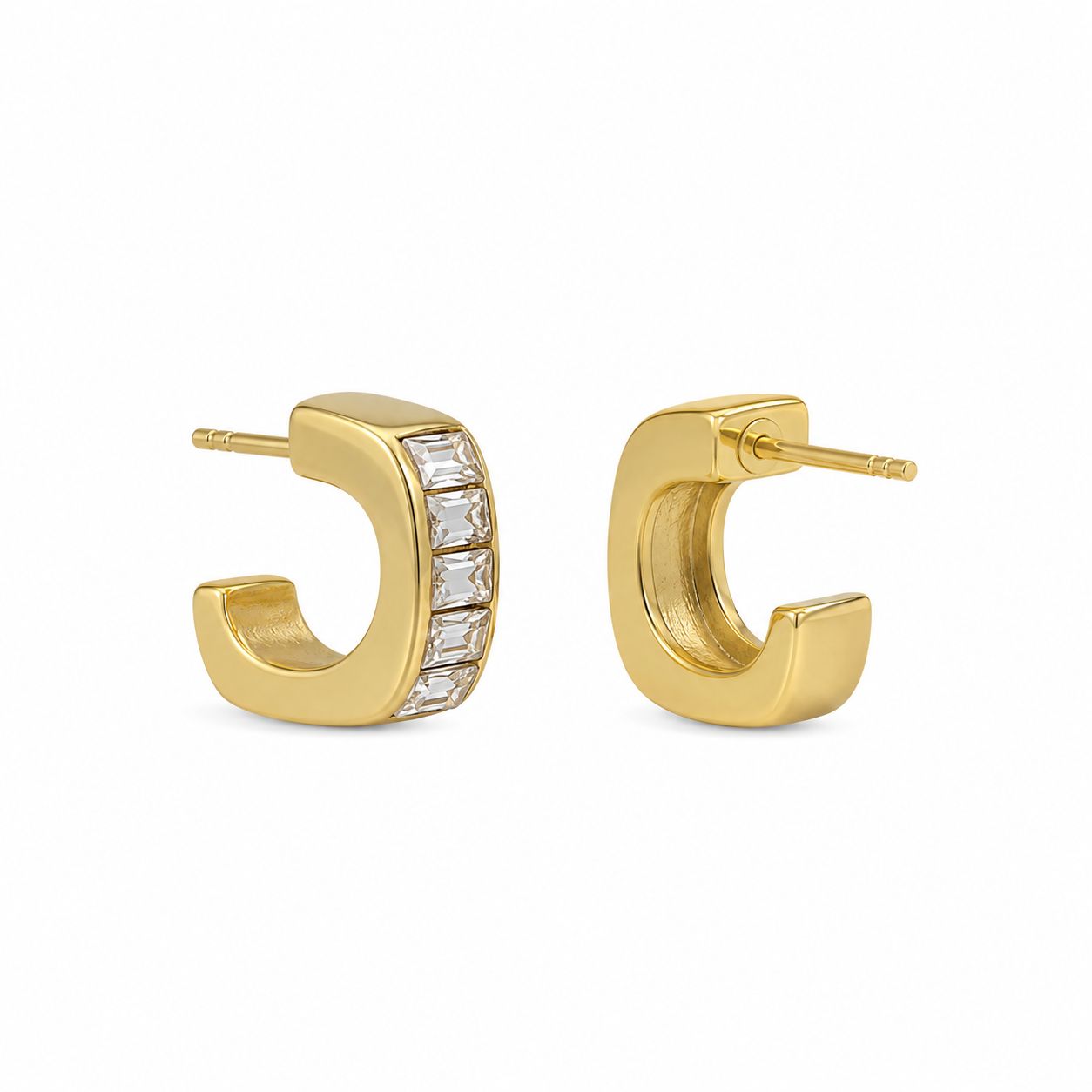 Baguette Zircon Stone Hoop Earrings – Steel | 18K Gold Plated | Water Resistant