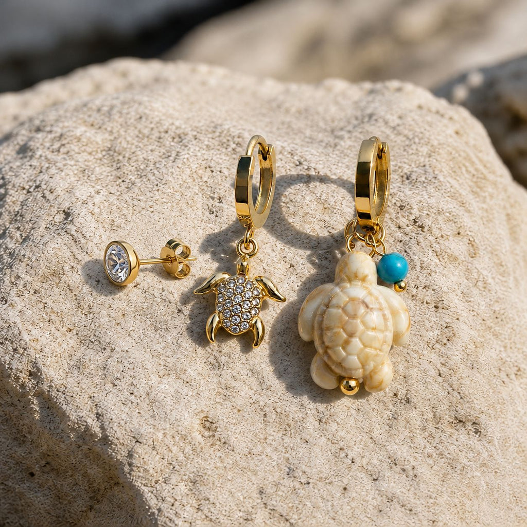 Schildkröten-Charm-Ohrring-Set – Stahl | 18K vergoldet | Wasserfest