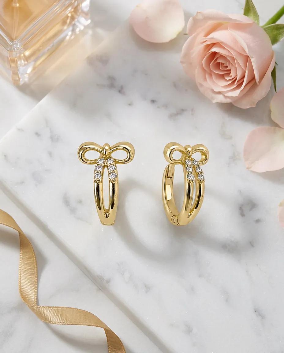 Xuping Bow Detail Zircon Stone Earrings – Steel | 18K Gold Plated | Water Resistant