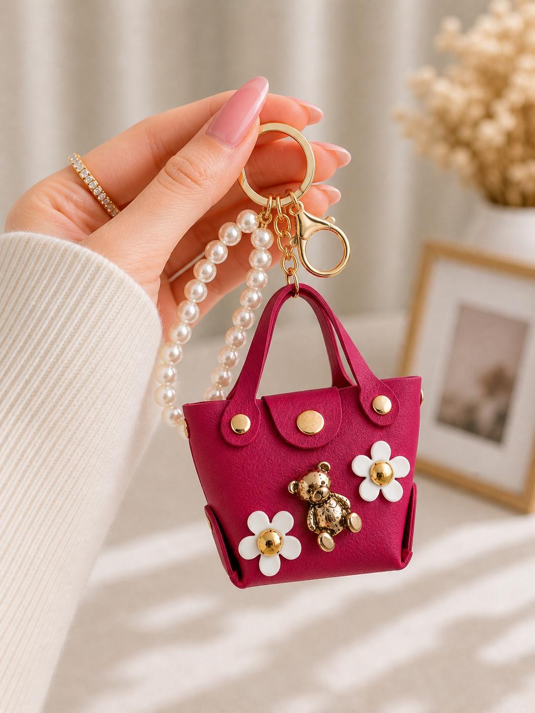 Teddy Bear & Flower Detailed Mini Bag Keychain – Fuchsia Bag Charm with Pearl Strap