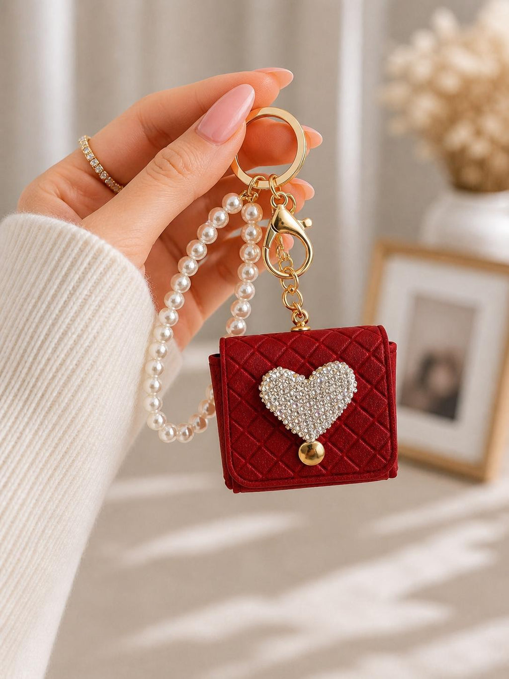 Luxus Mini-Taschenschlüsselanhänger mit Herzstein – roter Charm mit Perlendetails