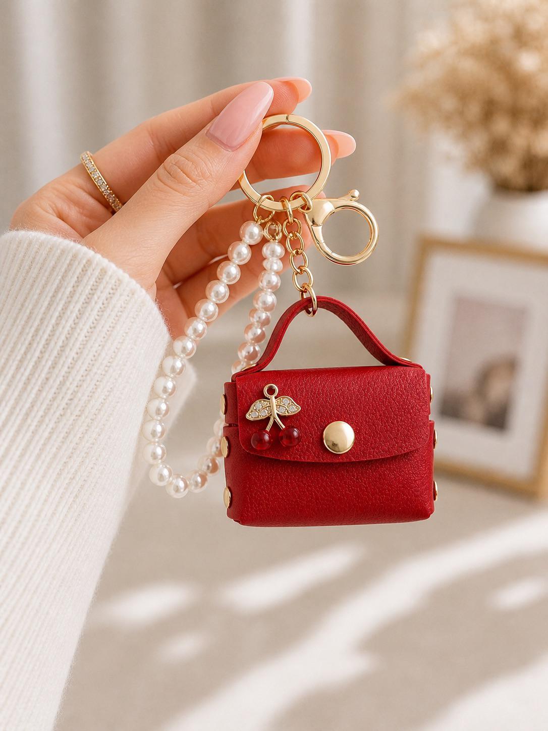 Cherry Detailed Mini Bag Keychain - Red Bag Charm with Pearl Strap