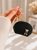 Bear Detailed Mini Wallet Keychain – Pearl Strap Black Bag Charm