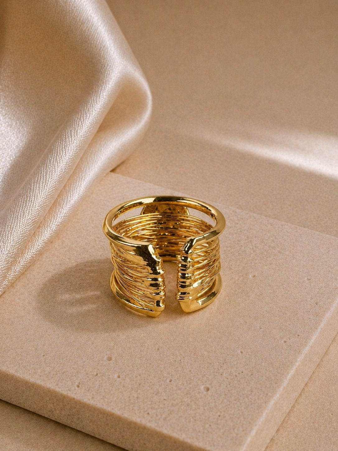 Moonstone Detailed Adjustable Ring – 14K Gold Plated on Brass