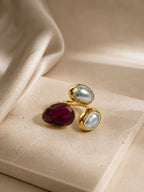 Royal Pearl & Ruby Adjustable Ring – 14K Gold Plated over Brass