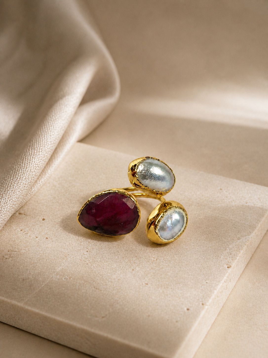 Royal Pearl & Ruby Adjustable Ring – 14K Gold Plated over Brass