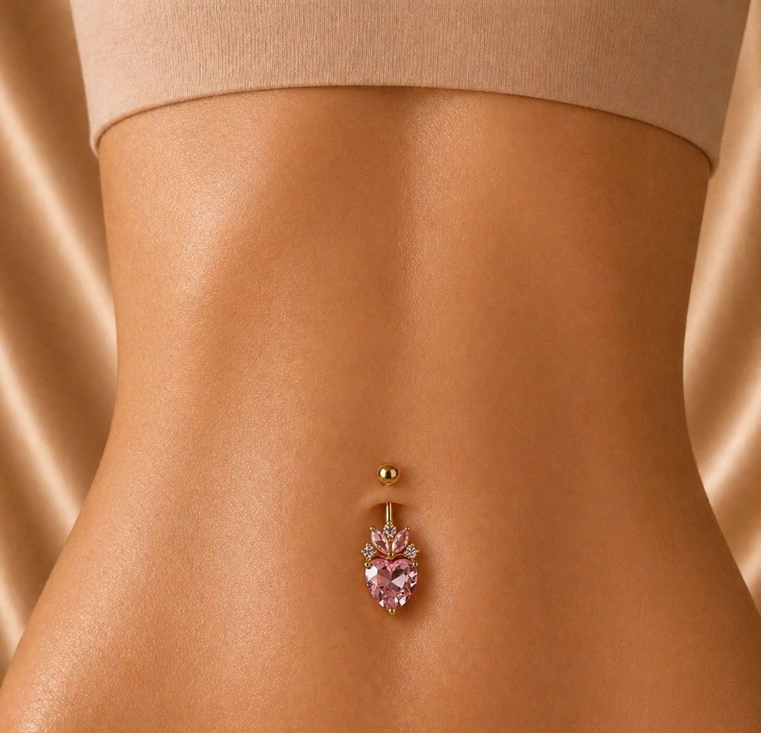 Bauchnabelpiercing mit rosa Herzstein | 316L Chirurgenstahl & 18K vergoldet