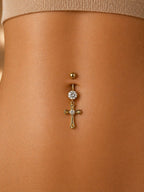 Cross Detailed 18K Gold Plated Surgical Steel Belly Button Piercing