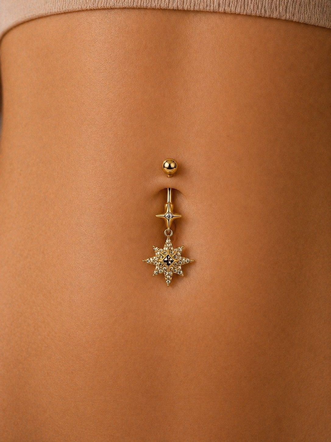 North Star Belly Button Ring - Surgical Steel 18K Gold Plated Dangling Gemstone Piercing