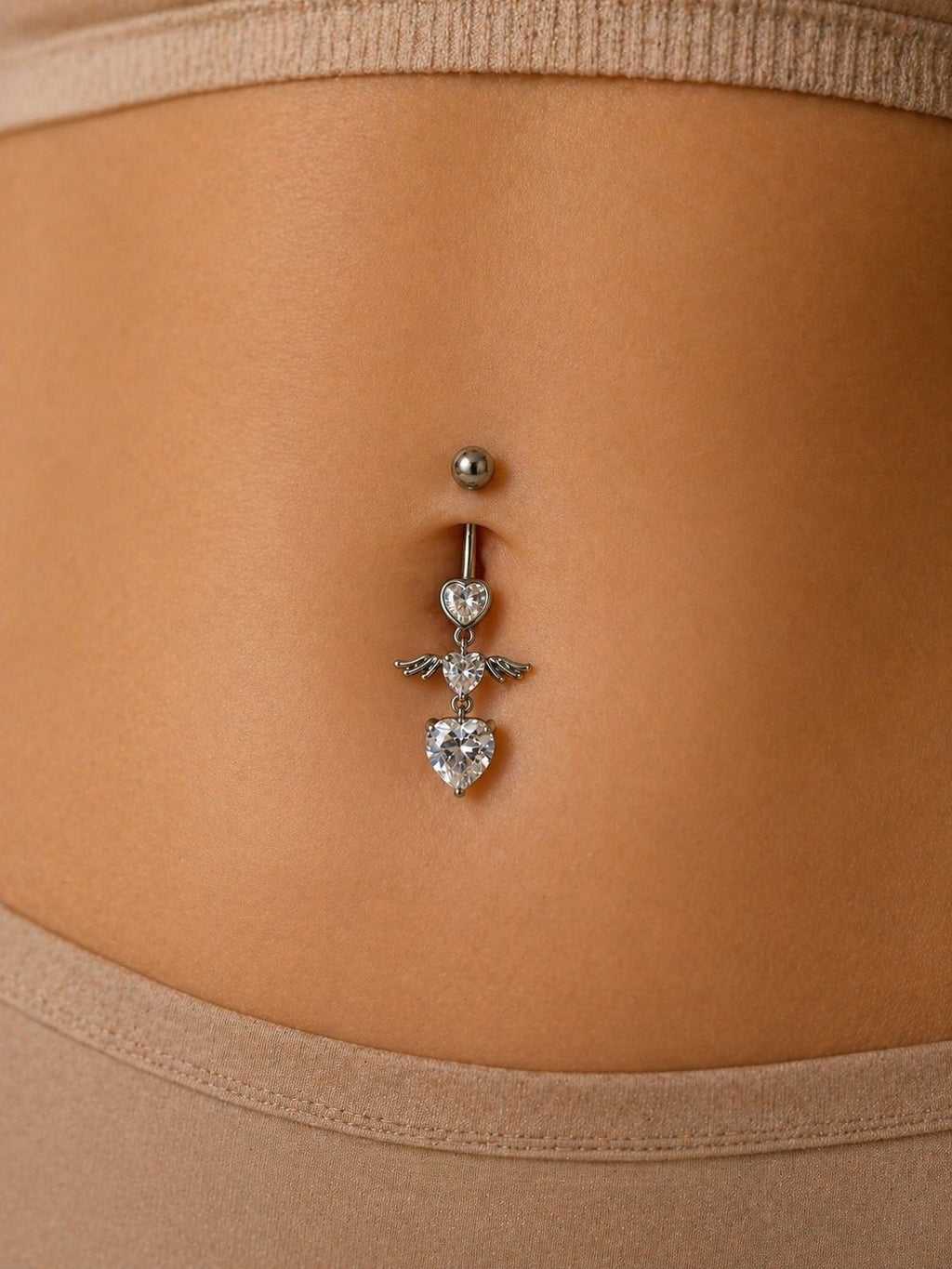 Angel Wing Heart Navel Piercing - Surgical Steel Dangle Piercing with Stone