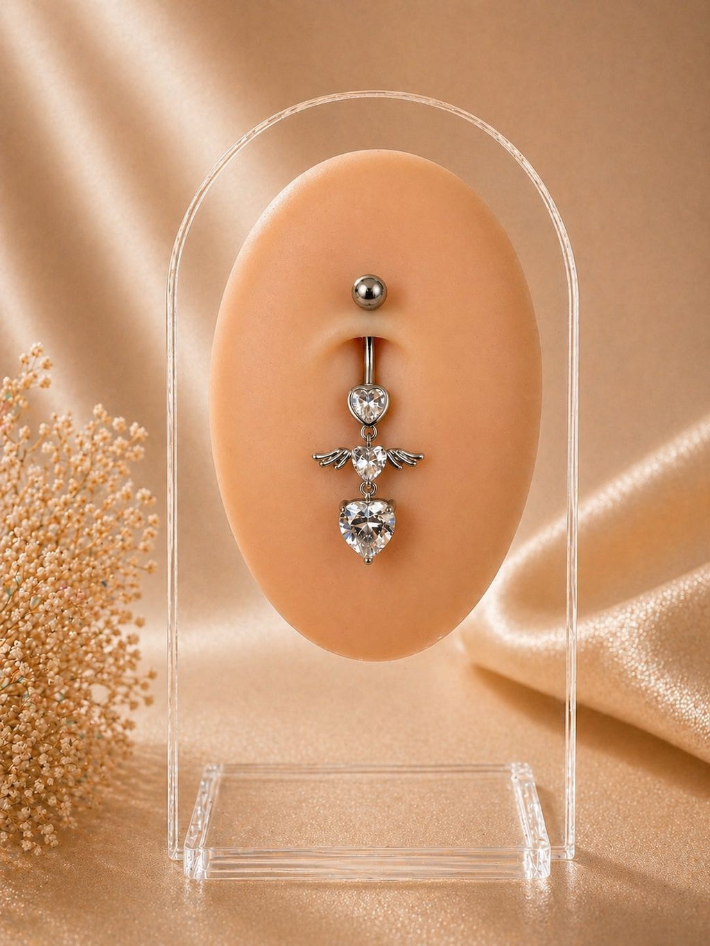 Angel Wing Heart Navel Piercing - Surgical Steel Dangle Piercing with Stone