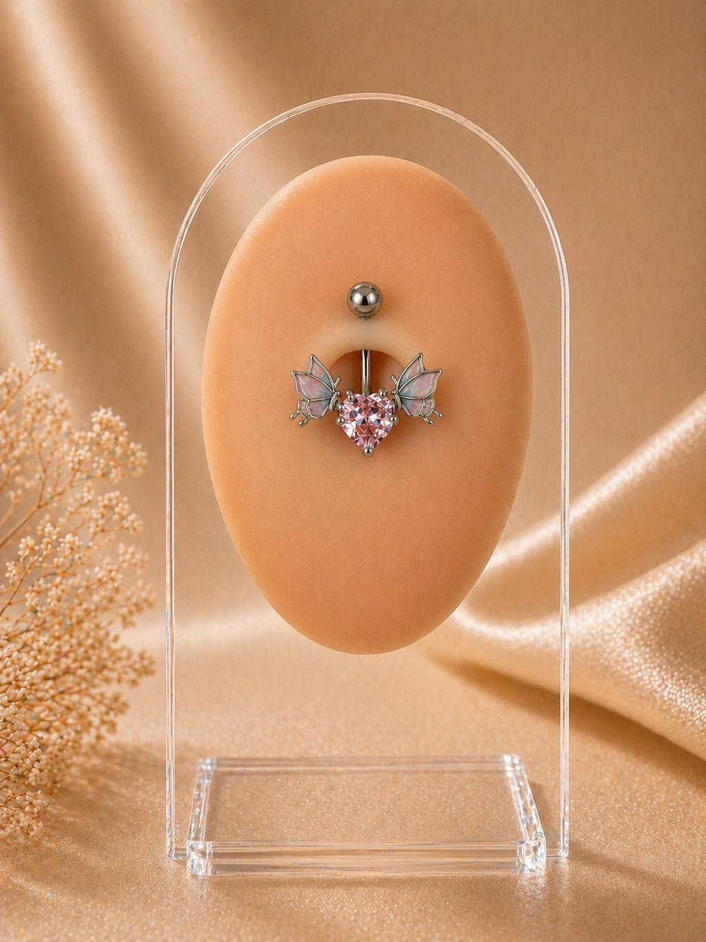 Pink Heart & Butterfly Detail Belly Button Ring | 316L Surgical Steel