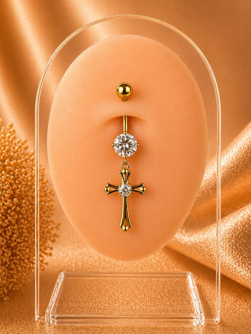 Cross Detailed 18K Gold Plated Surgical Steel Belly Button Piercing