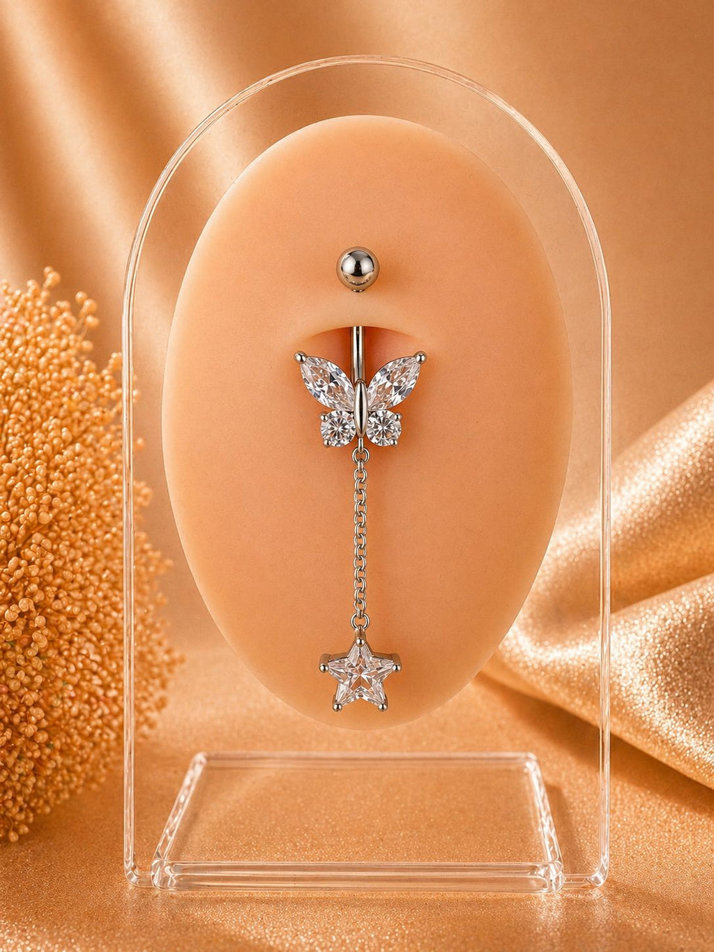 Surgical Steel Belly Button Ring with Butterfly and Star Detail