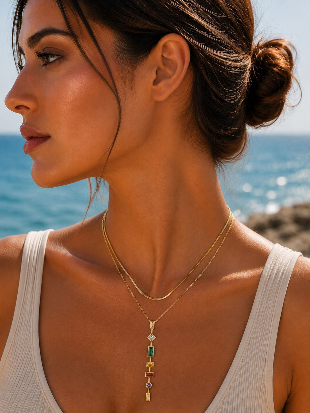 14K vergoldete Edelstahlkette mit bunten Steindetails