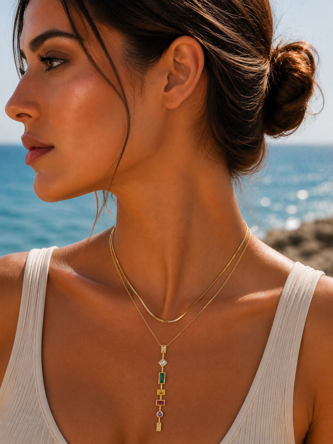 14K vergoldete Edelstahlkette mit bunten Steindetails