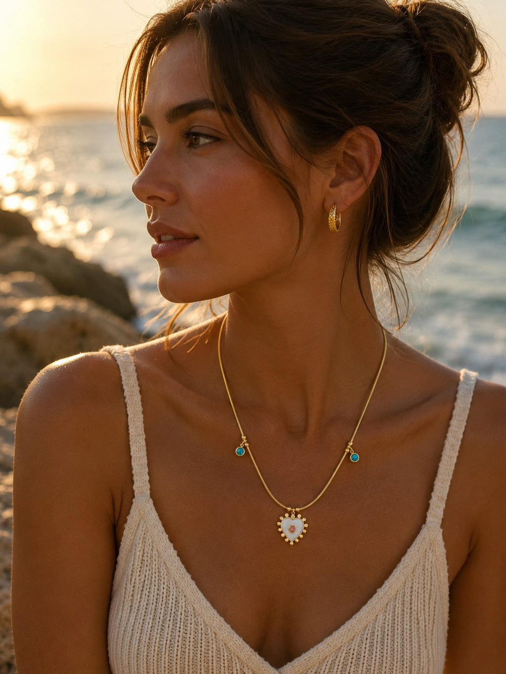 14K Gold Plated Steel Necklace with Heart-Shaped Natural Stone Detail