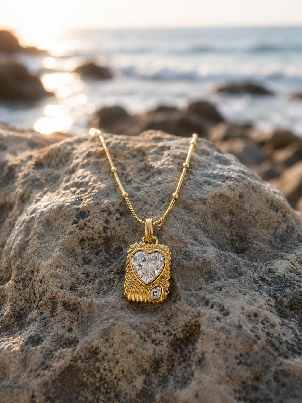 Heart Stone Detail Necklace – Steel 14K Gold Plated Water Resistant Necklace