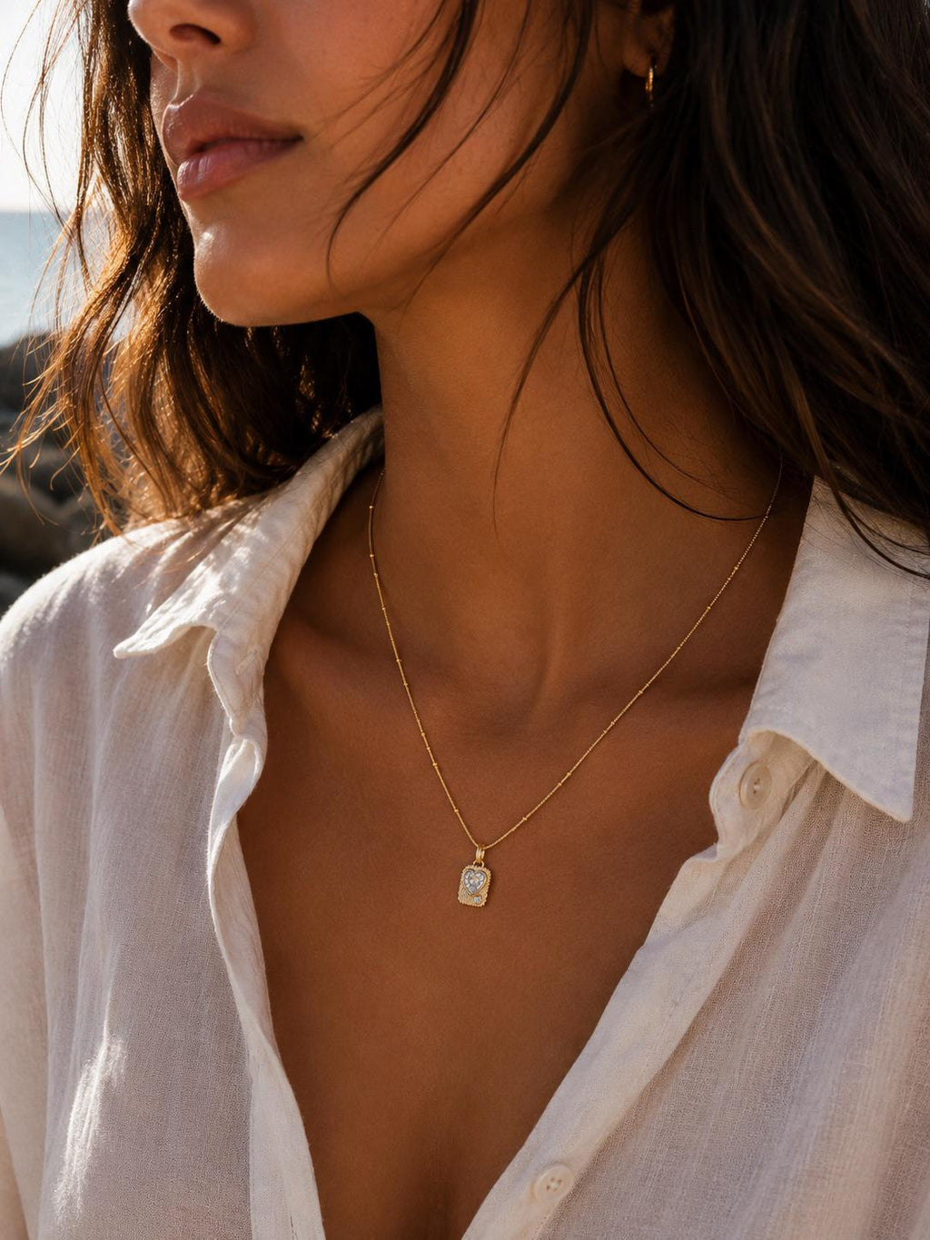 Heart Stone Detail Necklace – Steel 14K Gold Plated Water Resistant Necklace