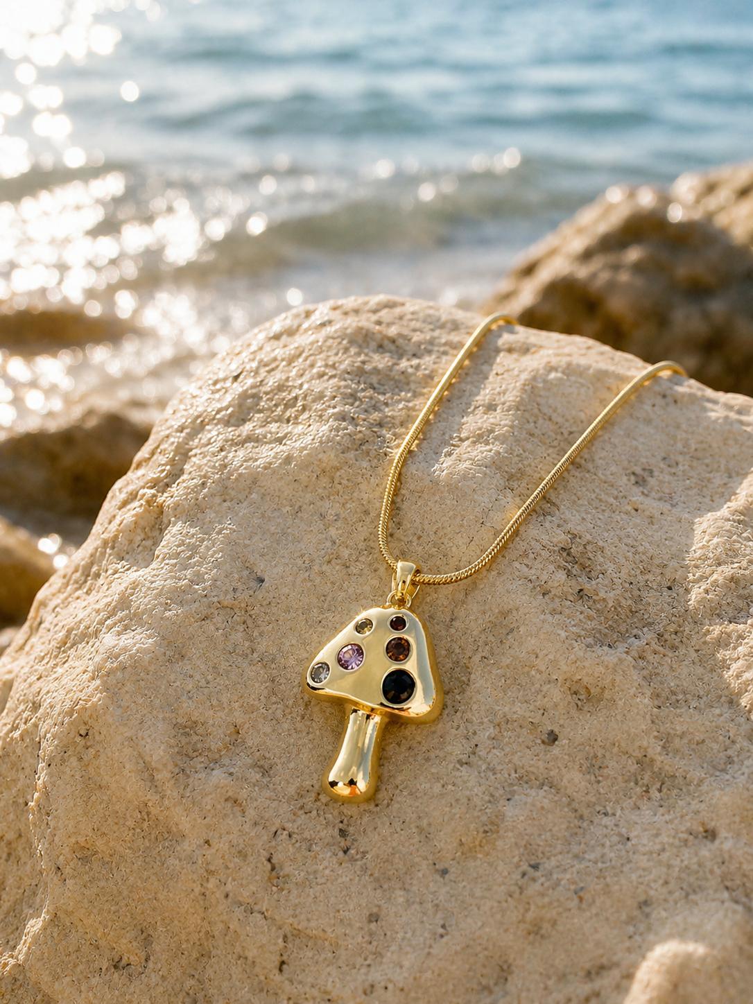 Mushroom Figure Necklace - Stainless Steel 14K Gold Plated Water Resistant