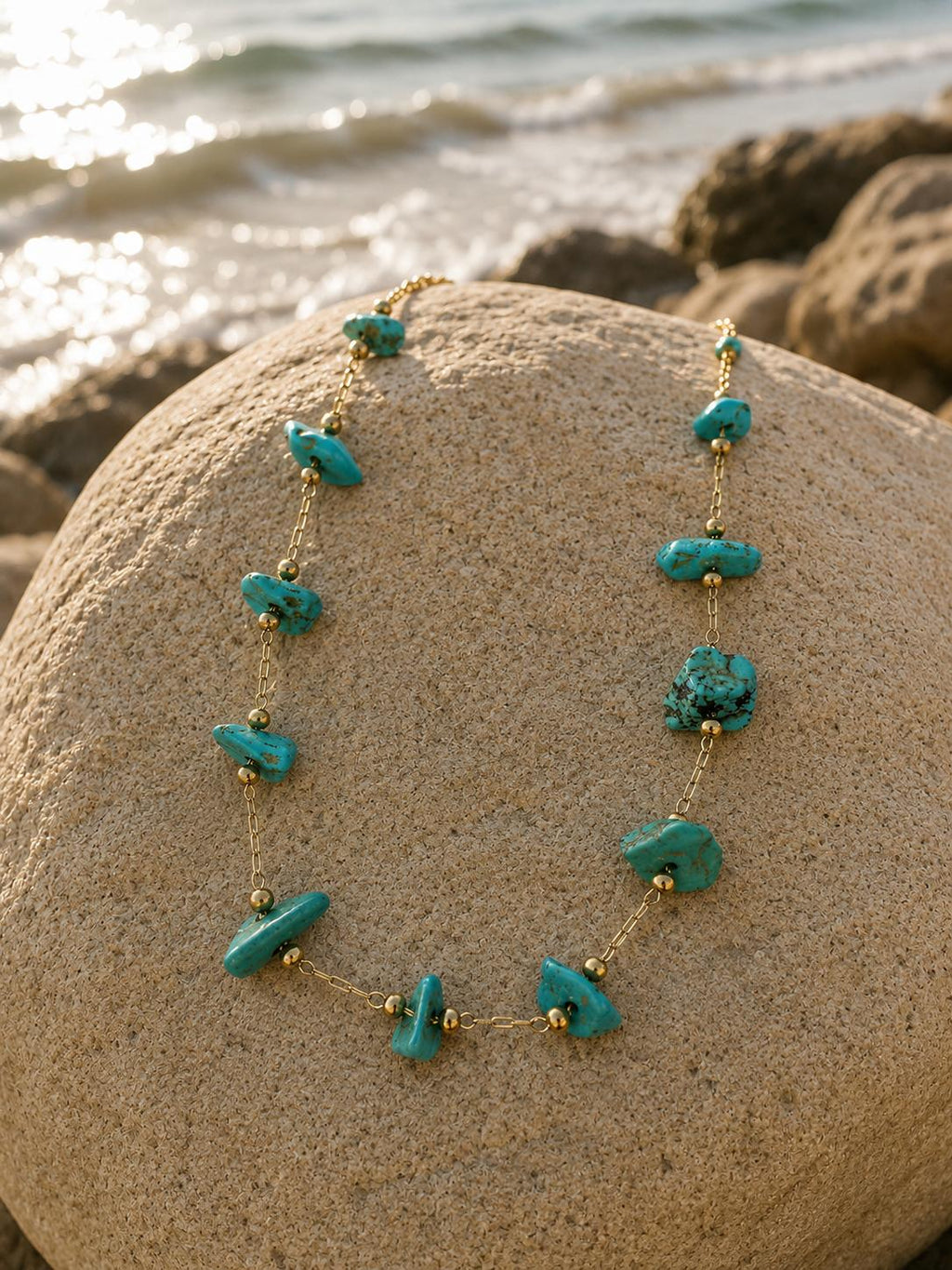 Turquoise Natural Stone Necklace – Steel 14K Gold Plated Water Resistant