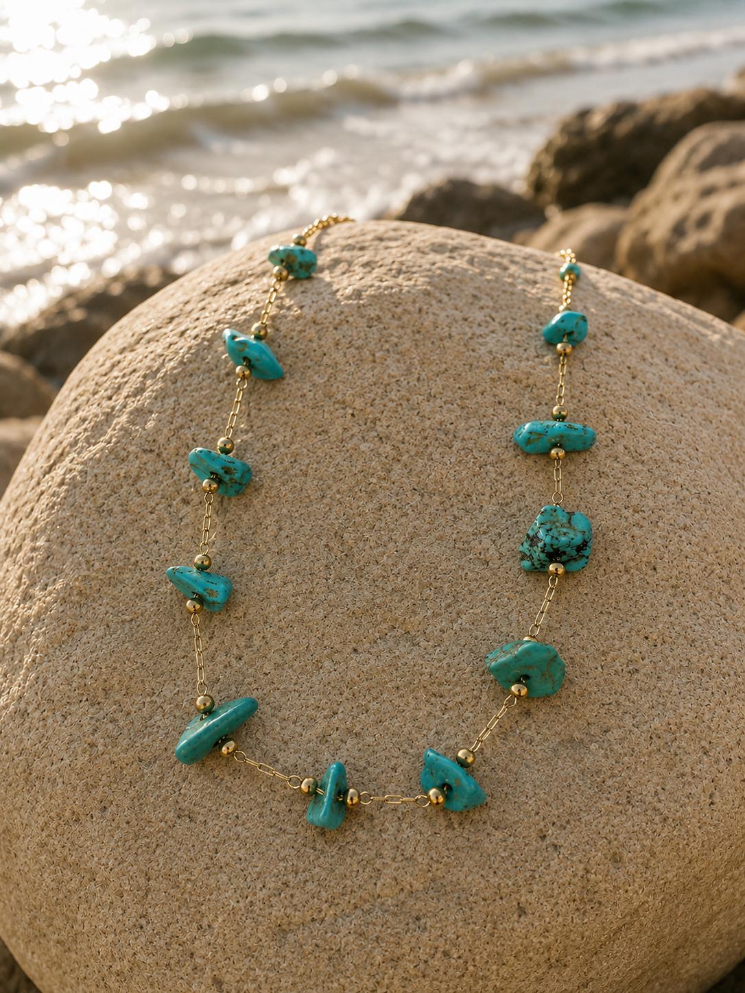 Turquoise Natural Stone Necklace – Steel 14K Gold Plated Water Resistant