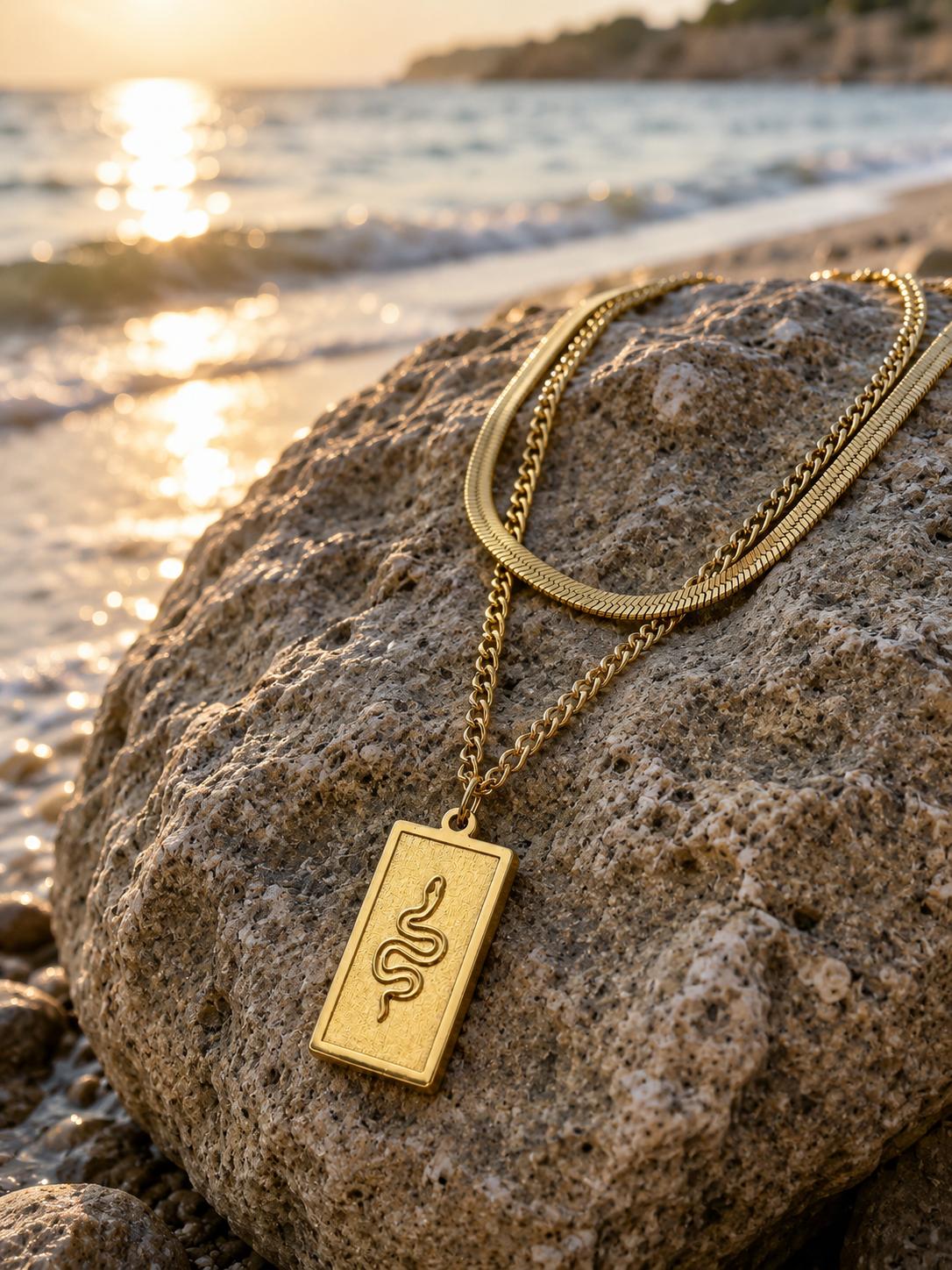 Layered Snake Figure Necklace – Steel 14K Gold Plated Water Resistant