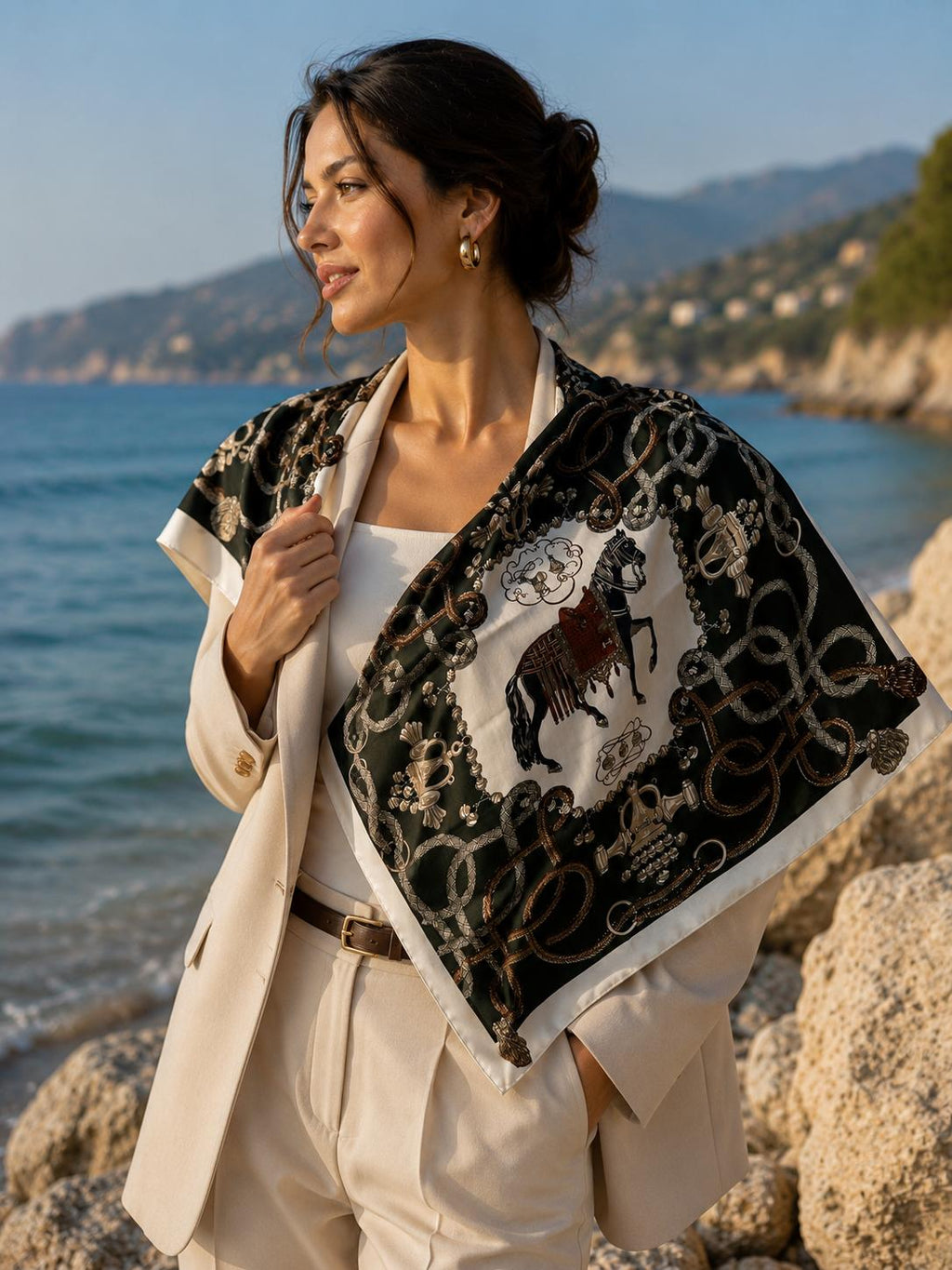 Horse Patterned Shawl – Wool-like Soft Texture | 86 CM