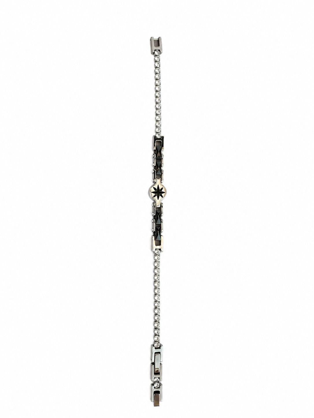 Herrenarmband aus Stahl und Keramik mit Zirkonstein-Details – Schwarz glänzender Stein 21 CM