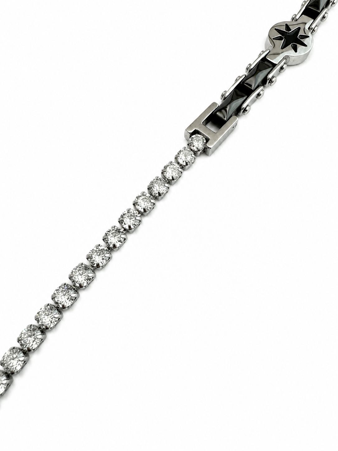 Herrenarmband aus Stahl und Keramik mit Zirkonstein-Details – Schwarz glänzender Stein 21 CM
