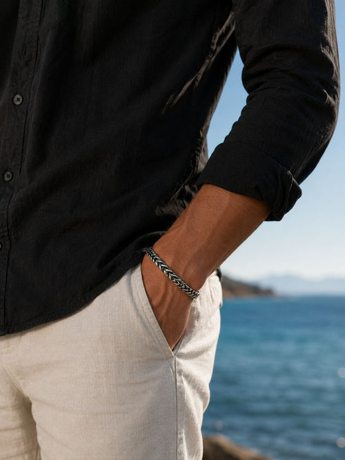 Herrenarmband aus Stahlgeflecht – Schwarz & Grün mit Kordeldetails, 21 cm