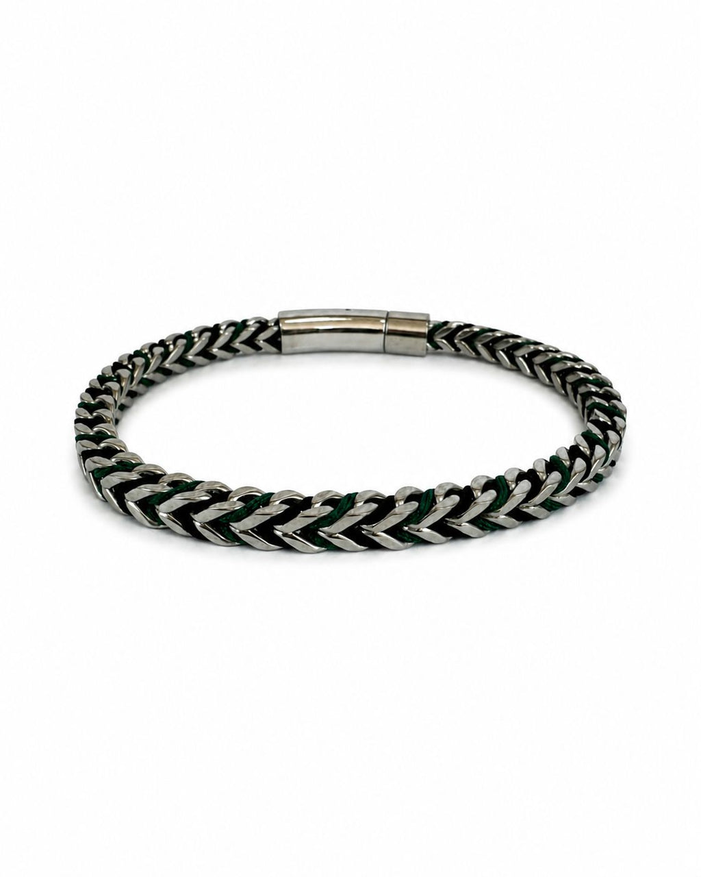 Herrenarmband aus Stahlgeflecht – Schwarz & Grün mit Kordeldetails, 21 cm