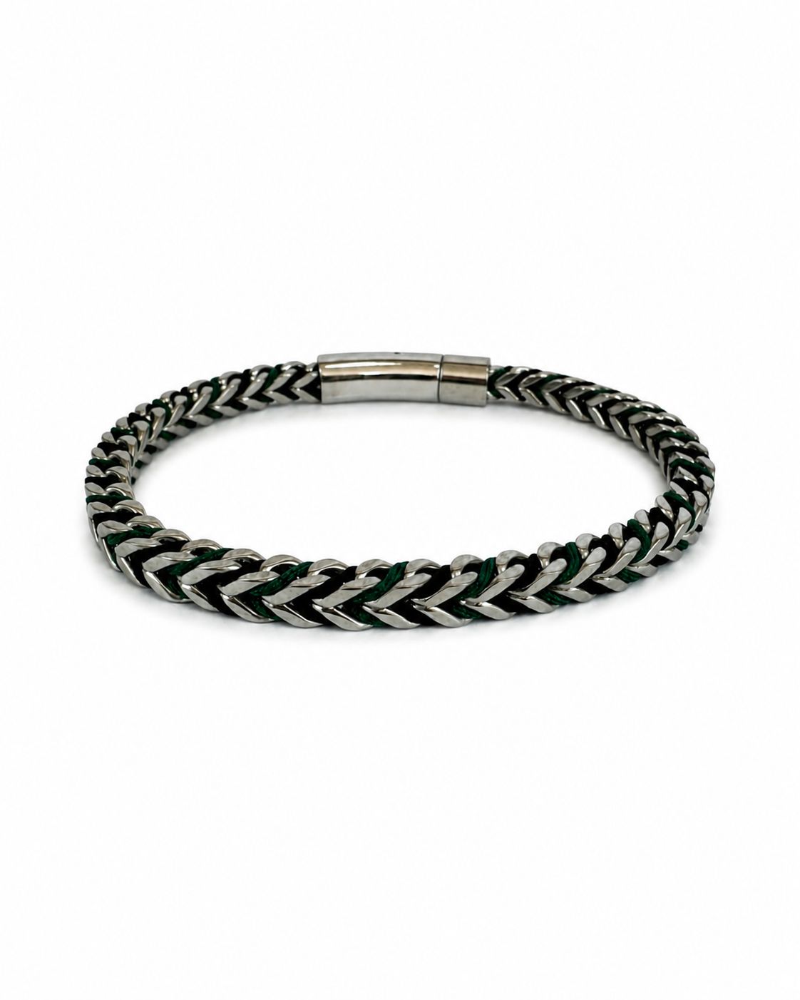 Herrenarmband aus Stahlgeflecht – Schwarz & Grün mit Kordeldetails, 21 cm