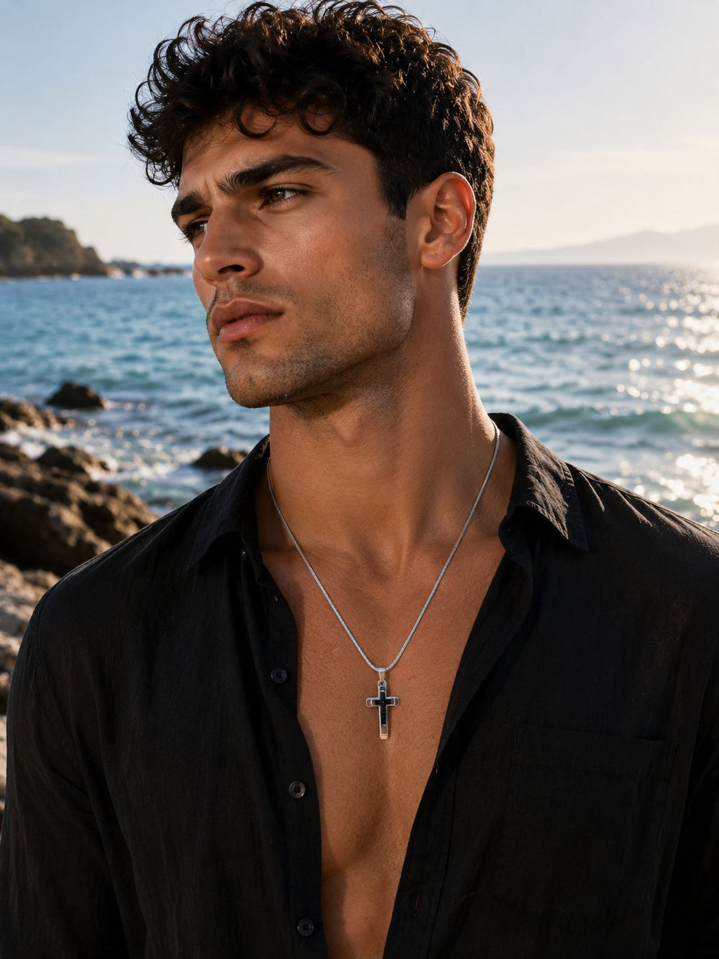 Black Detailed Cross Necklace – Steel Chain Necklace