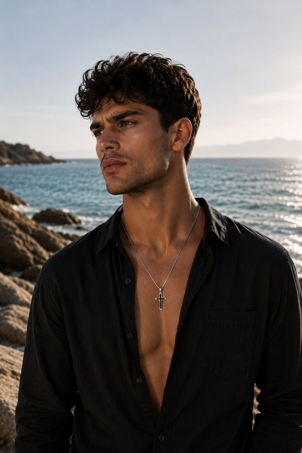 Black Detailed Cross Necklace – Steel Chain Necklace
