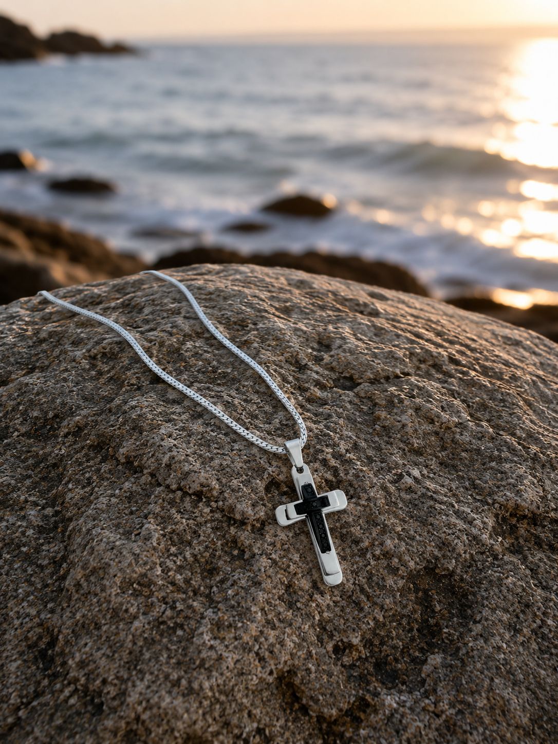 Black Detailed Cross Necklace – Steel Chain Necklace