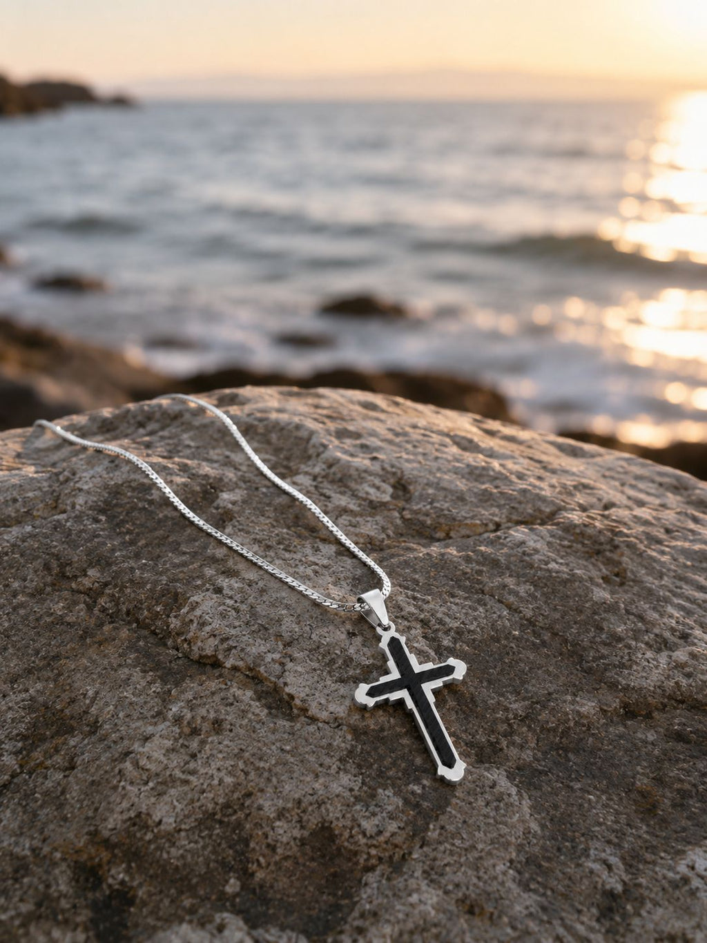 Black Detailed Cross Necklace – Steel Chain Necklace