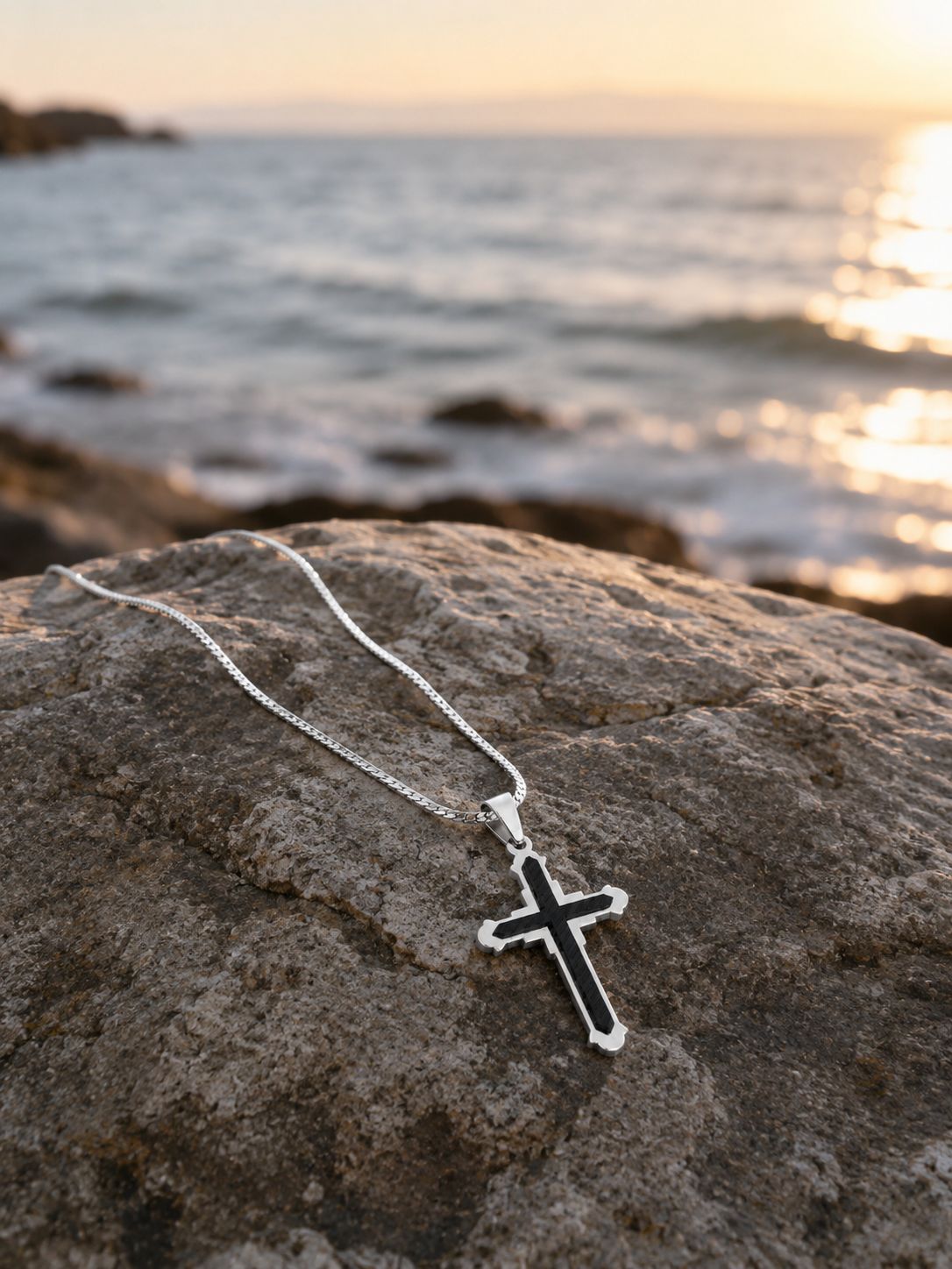 Black Detailed Cross Necklace – Steel Chain Necklace