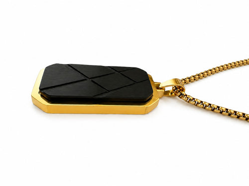 18K Gold Plated Steel Men's Necklace – Black Detailed Geometric Pendant | Adjustable 27-29 CM