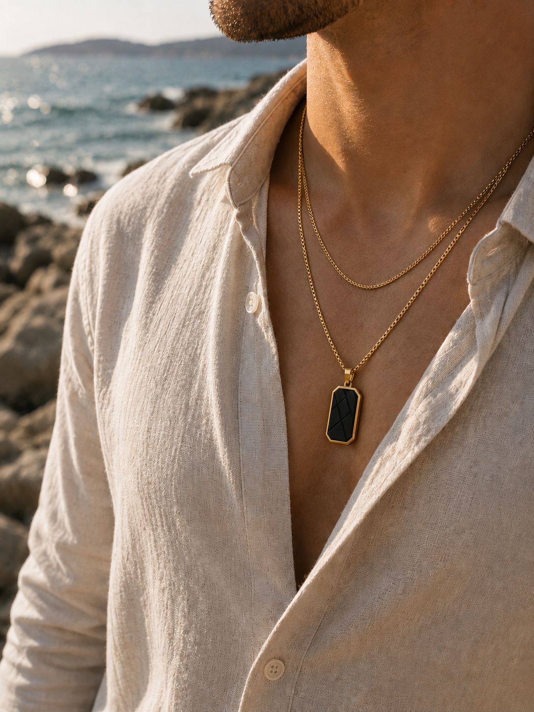 18K Gold Plated Steel Men's Necklace – Black Detailed Geometric Pendant | Adjustable 27-29 CM