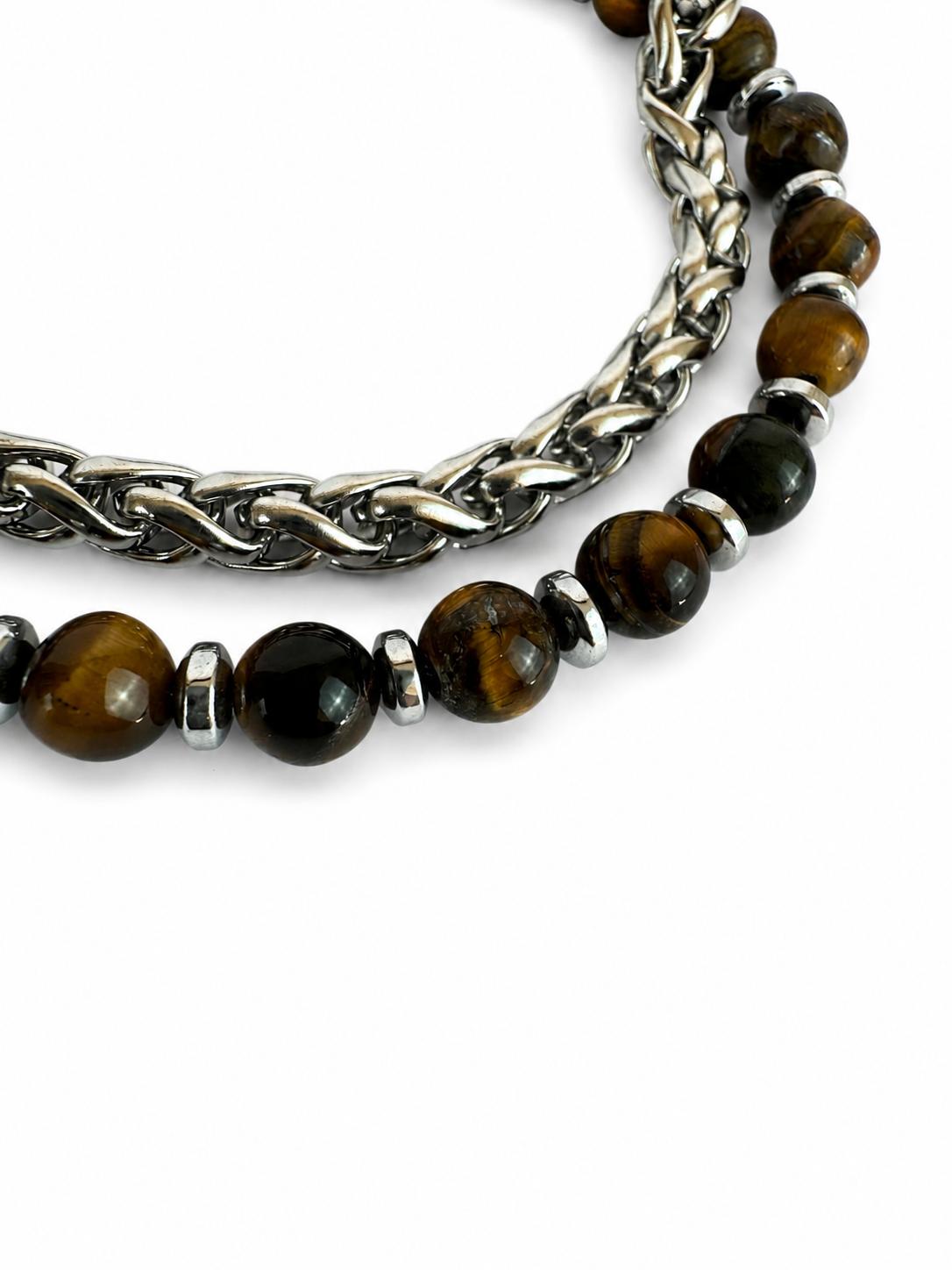 Natural Stone & Steel Chain Combination Bracelet