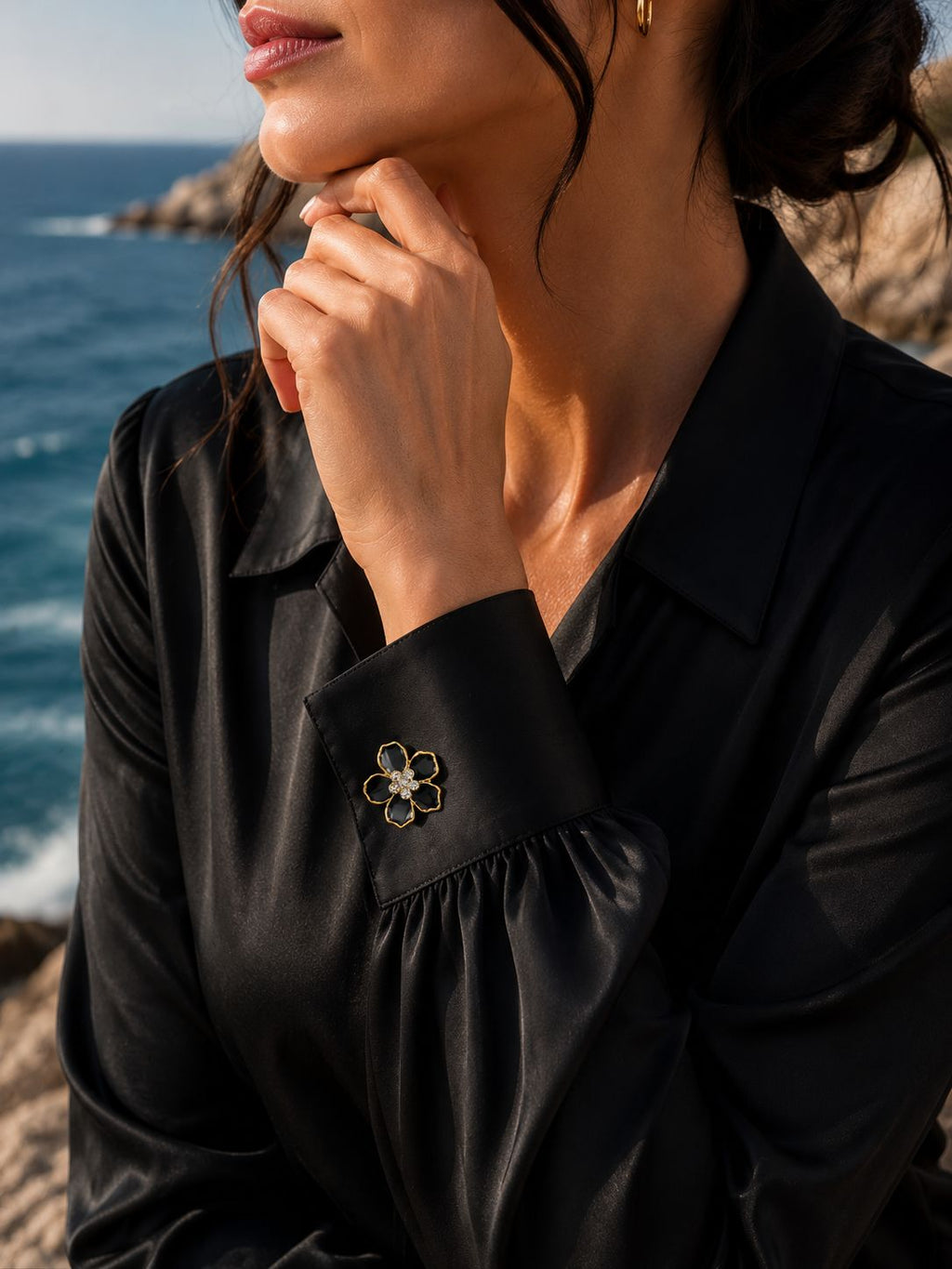 Women's Gold Shirt Blazer Cufflinks with Black Floral Detail | Elegant Design with Stone Embellishments