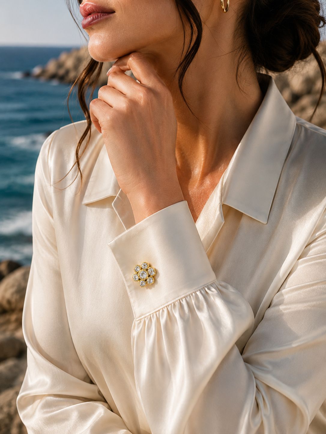 Zircon Stone Gold Women's Shirt Blazer Cufflink | Floral Form Shimmering Design