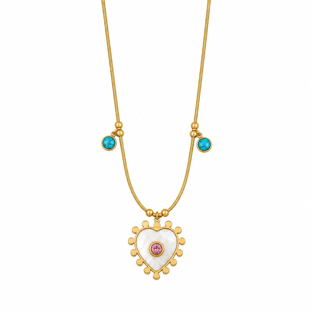 14K Gold Plated Steel Necklace with Heart-Shaped Natural Stone Detail