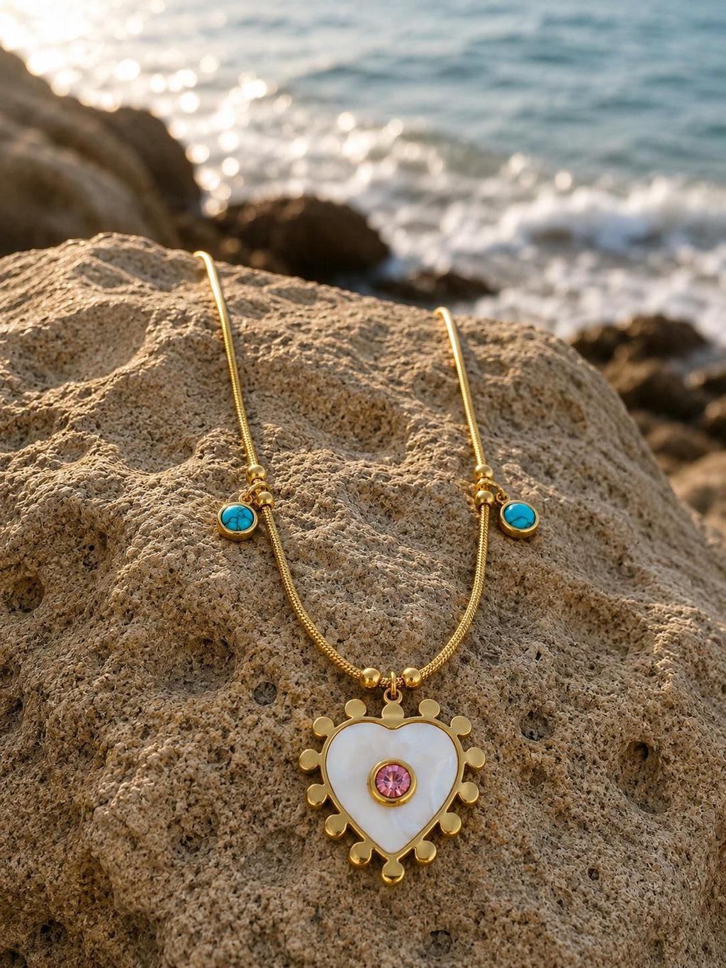 14K Gold Plated Steel Necklace with Heart-Shaped Natural Stone Detail
