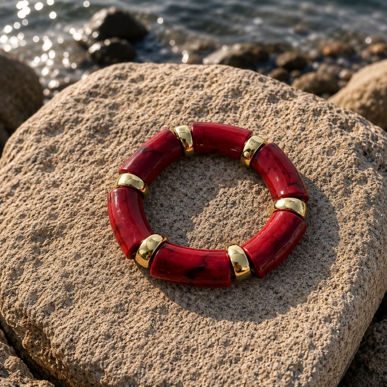 Red Marble Pattern Gold Detail Flexible Bracelet