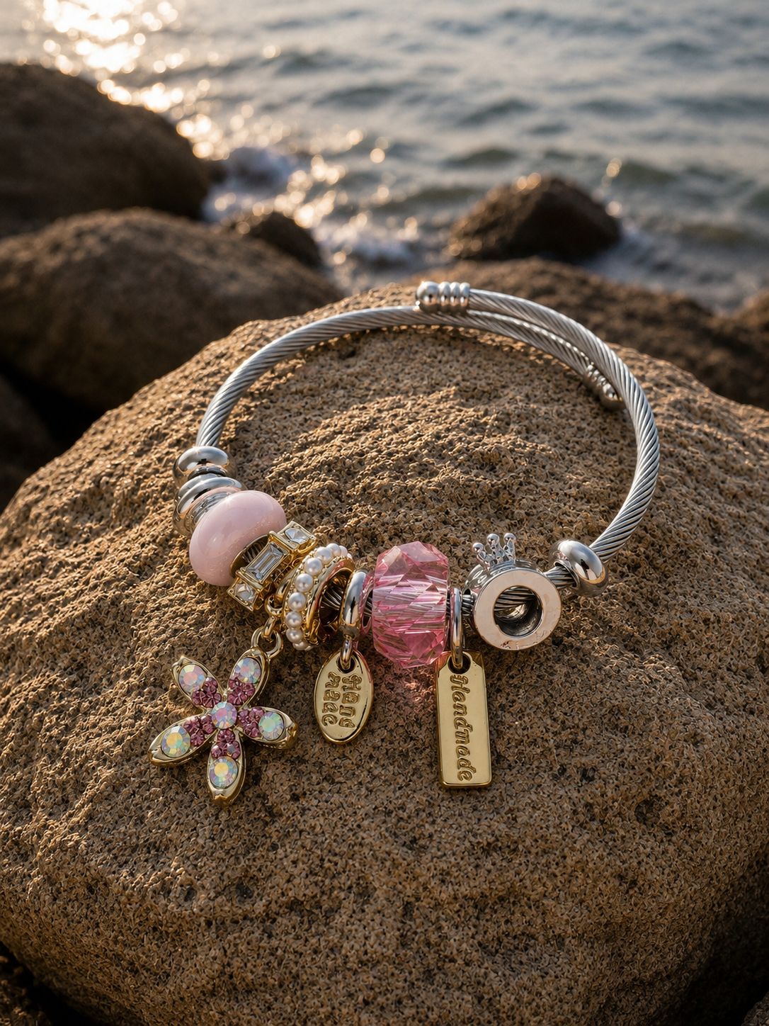 Pink Charm Detailed Steel Bracelet - Adjustable Premium Model