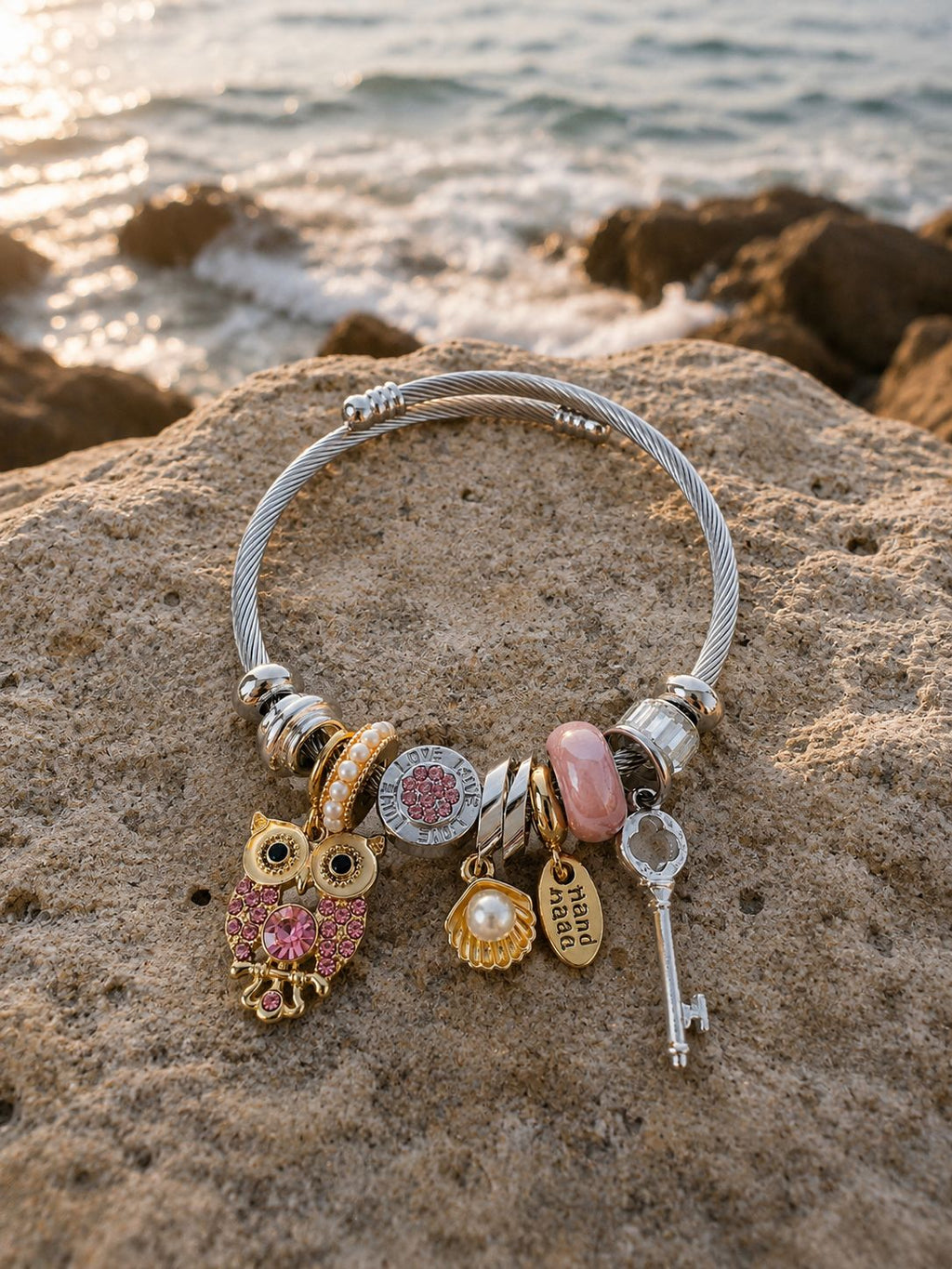 Owl Charm Detail Steel Bracelet - Adjustable Premium Model