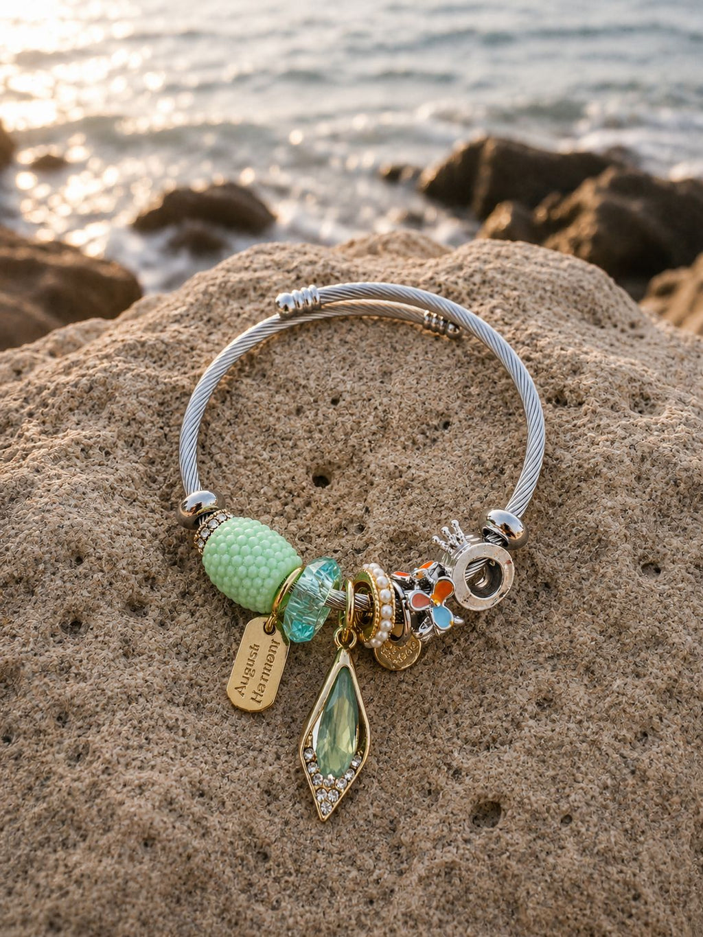 Mint Green Charm Detailed Steel Bracelet – Adjustable Premium Model