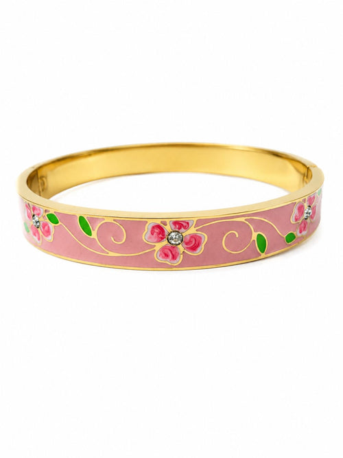 14K Gold Plated Steel Flower Pattern Bangle Bracelet – Pink Enamel Gold Design